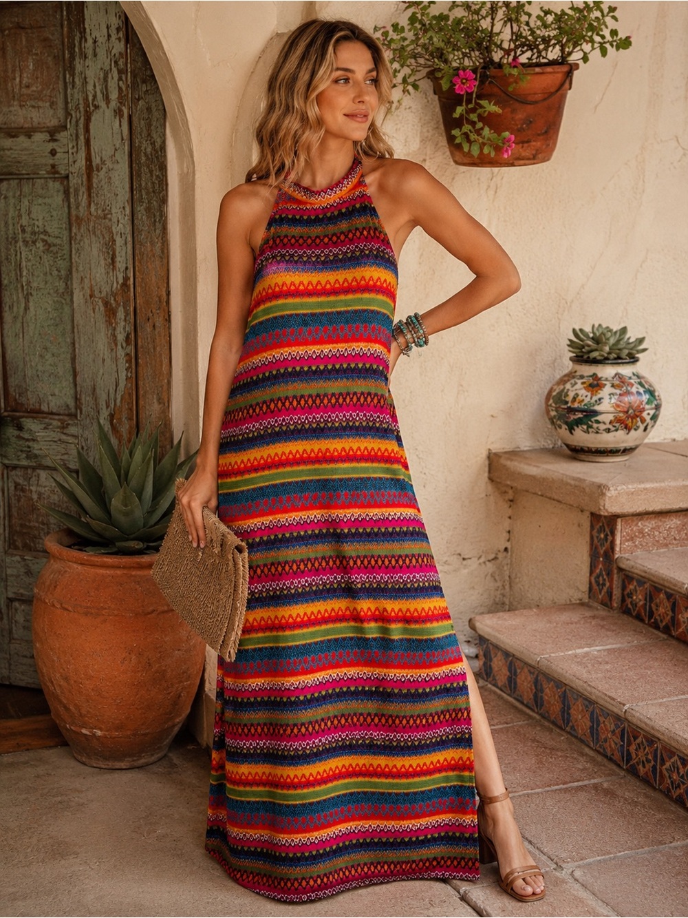 Boho Rainbow Halter Maxi Dress | Festival Goddess Crochet Stripe Sundress